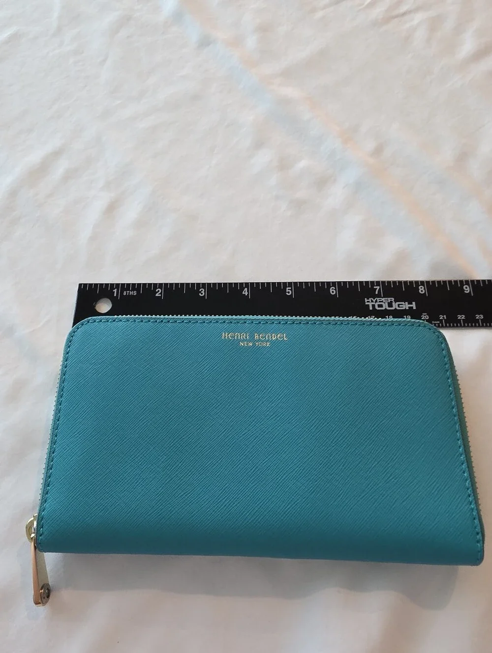 Henri Bendel Blue Saffiano Leather Zip Around Wallet
